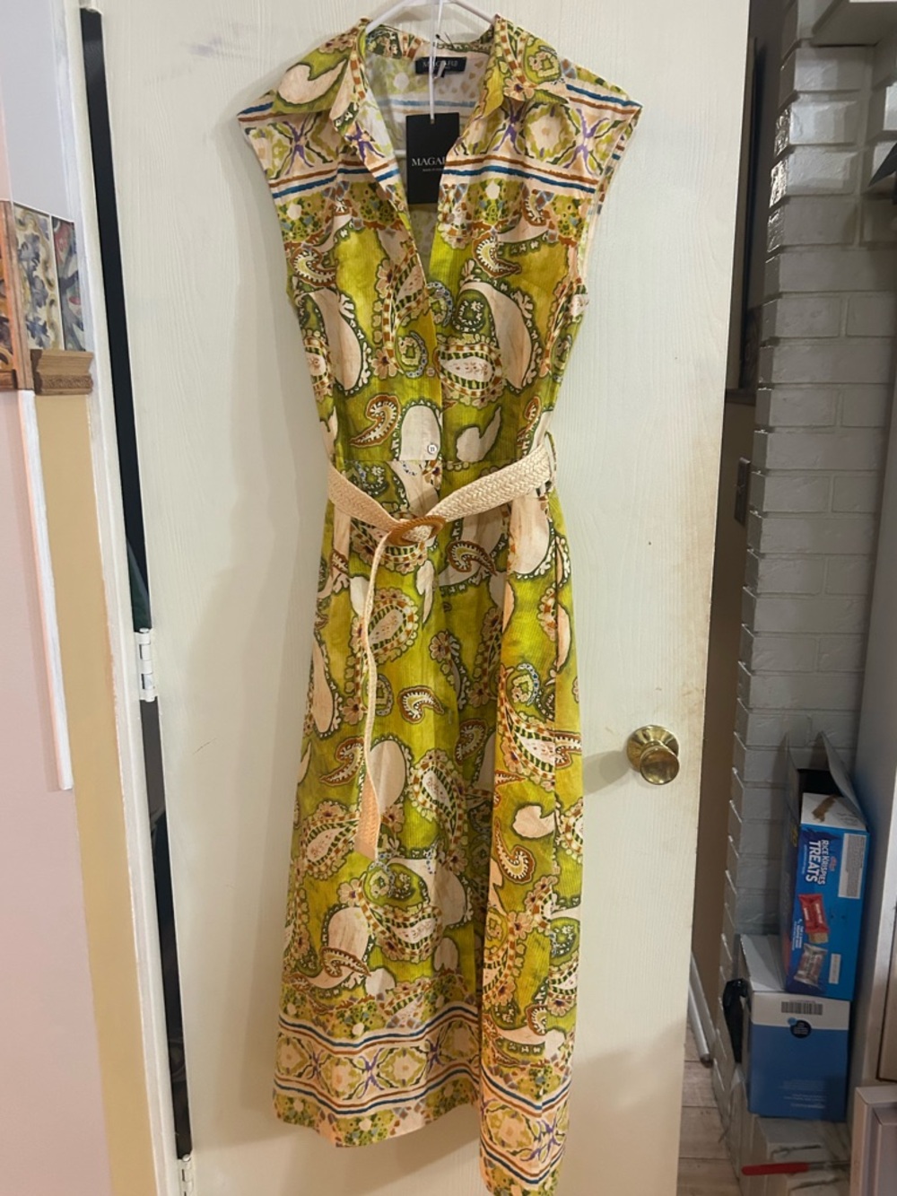 Magari Green and Cream Paisley Maxi Dress with Belt